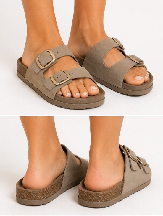 shuh Shoes - Schuh Taupe Double Buckle Footbed Slide Sandals Faux Suede US 7 EU 38